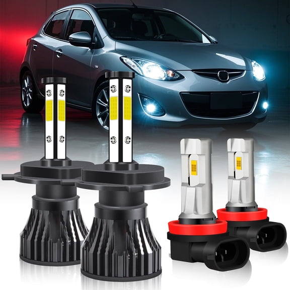 For Mazda 2 2011-2014 - H4+H11 LED Headlight Bulbs Hi-Lo Beam Fog Light 400% Brighter than Halogen 4pcs