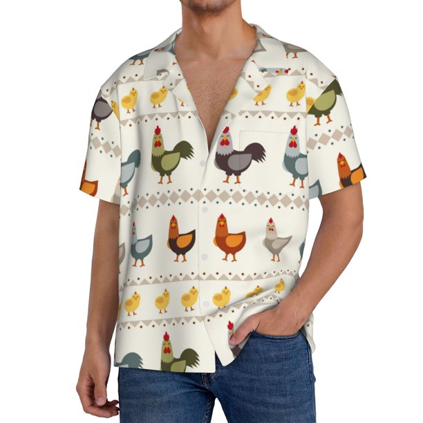 Balery Funny Chicken Camisa Casual de Manga Corta con Botones para Hombre, Texturizada, Estilo Cubano, para Playa, Verano-Medium