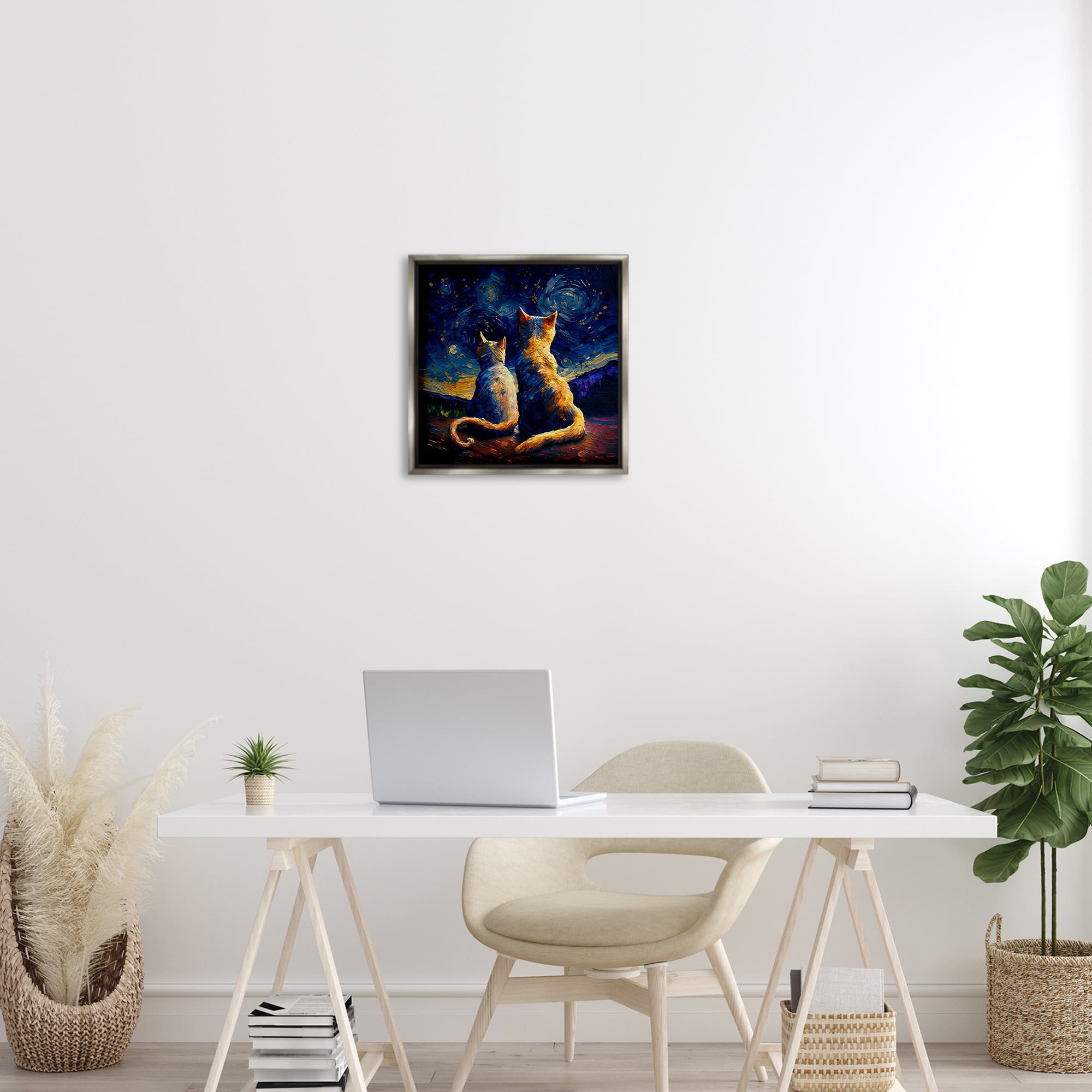 Stupell Industries Swirled Night Sky Cats Animals Painting Gray Floater Framed Canvas Art Print Wall Art, 18 x 18