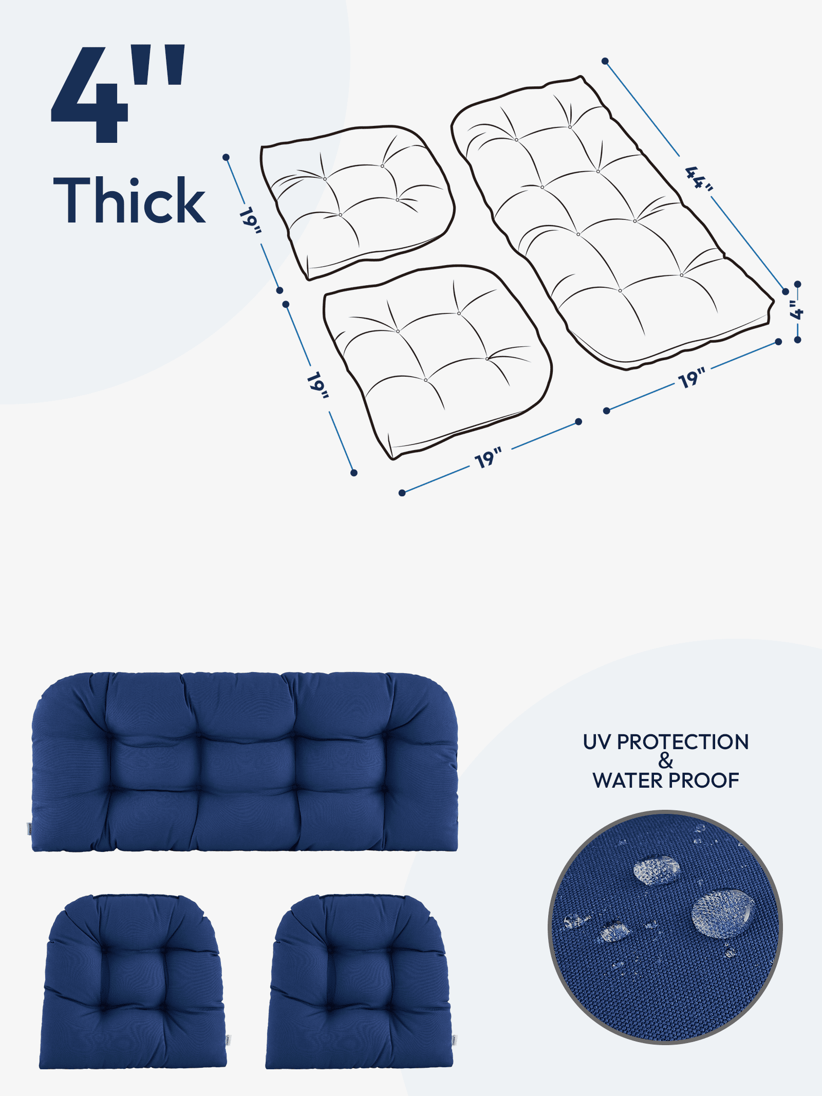 ZEOLABS Outdoor Wicker Chair Cushions of 3 Pieces Waterproof Tufted Seat Cushions set for Patio Furniture Sofa Bench Settee Couch, 1 Loveseat and 2 U-Shaped Cushions, Navy Blue