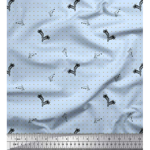 Soimoi Blue Rayon Fabric Black Sketch Feather & Dots Decor Fabric Printed Yard 56 Inch Wide