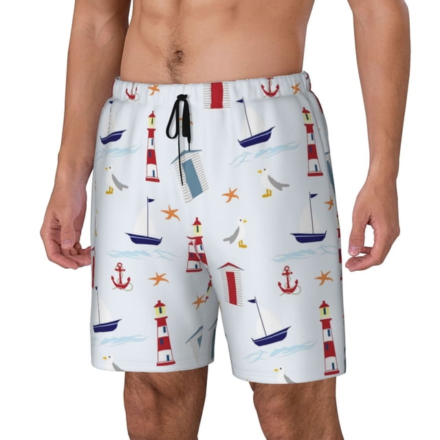 Fotbe Nautical Lighthouse Sailboat Traje de Baño para Hombre – Shorts de Natación de Secado Rápido con Forro y Bolsillos-XX-Large
