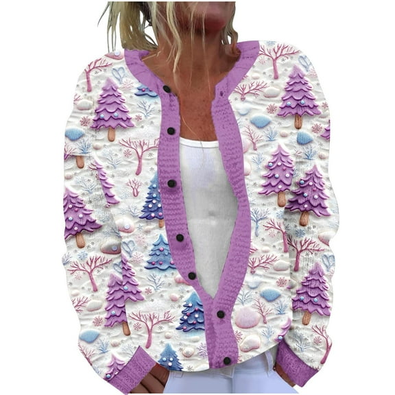 ZQUUVOU Women's Casual Christmas Printed Knitted Cardigan Button Up Jacket Coat (Multicolor,3XL)