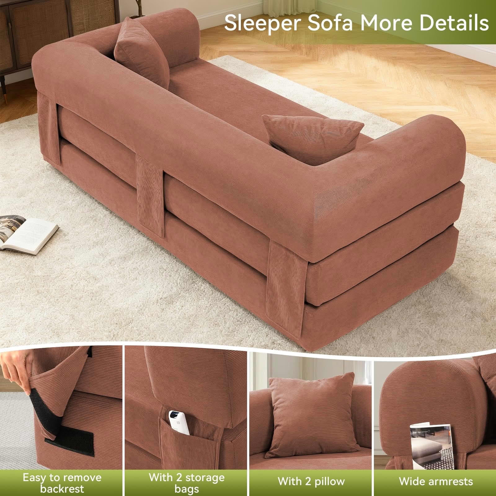MAYEERTY 80" Pink Corduroy Convertible Sofa Bed, 600lbs Queen Size Fold Out Sleeper Couch with Storage & No Assembly for Living Room