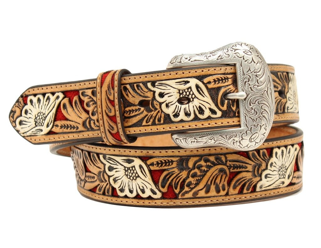Nocona Western Mens Belt Leather Embossed Floral Tan N2412108