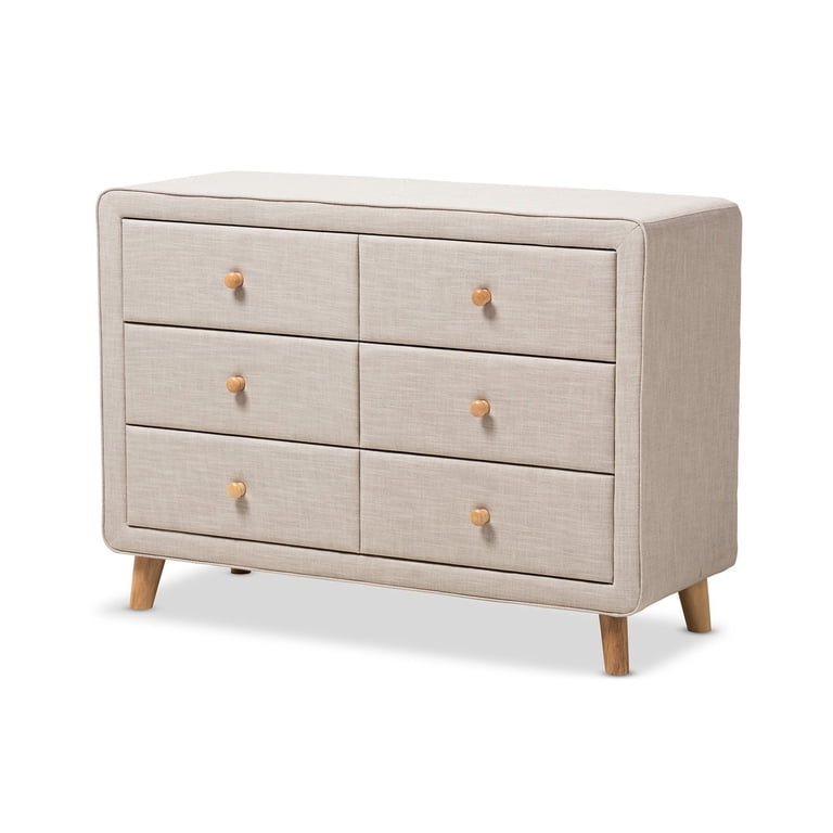 Baxton Studio Jonesy Mid-Century Linen Upholstered 6-Drawer Dresser,  Multiple Colors