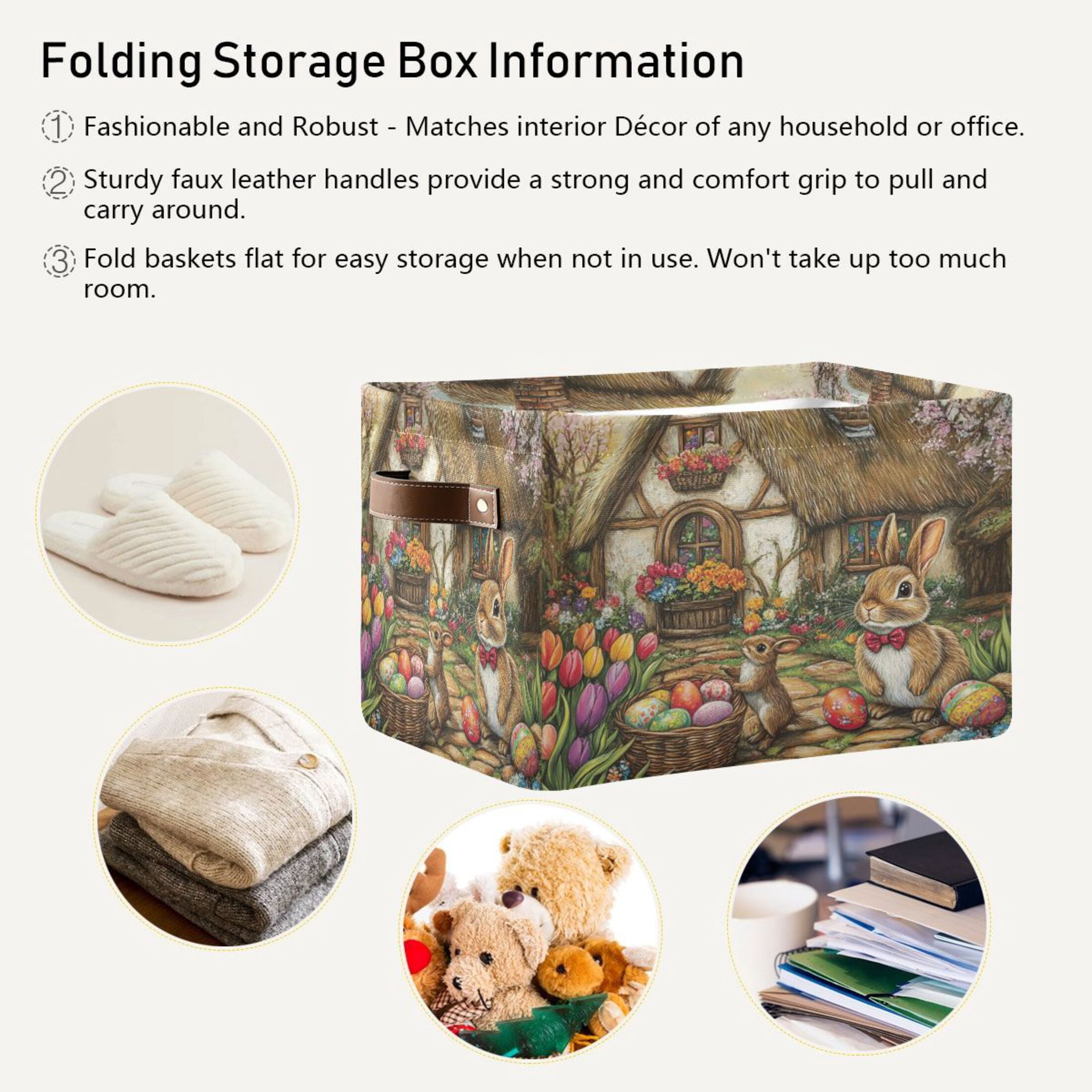 WOBOGO Easter Cozy Cabin Square Storage Basket with Waterproof Canvas and PE Lining Durable PU Leather Handles 14.2×10.2×8.3in