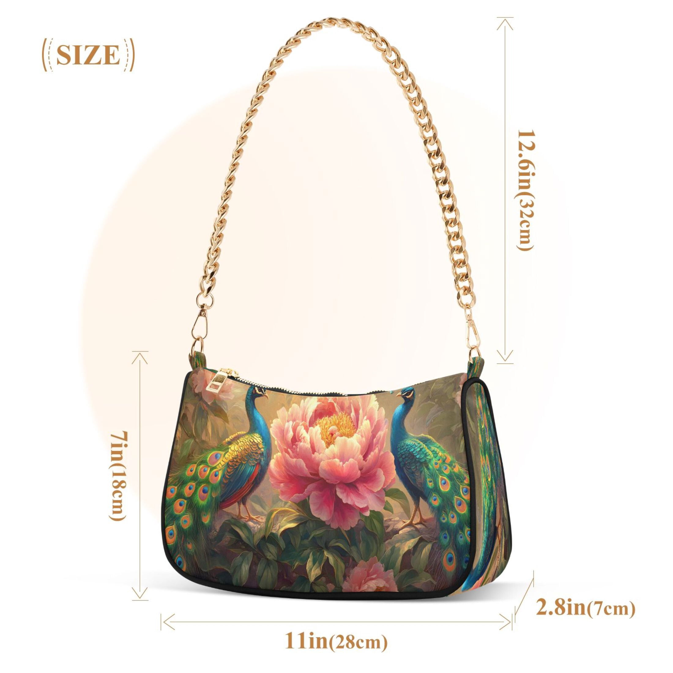 Ryvnso Peacocks Peony Flower Womens Chain Shoulder Bag Tote Handbags Clutch Hobo Purse with Zipper for Travel