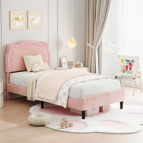 Twin Upholstered Smart LED Bed Frame with Adjustable Headboard and Removable Light Strip, Velvet Princess Platform Bed Frame, Wooden Slats Support, No Box Spring Needed (Pink)
