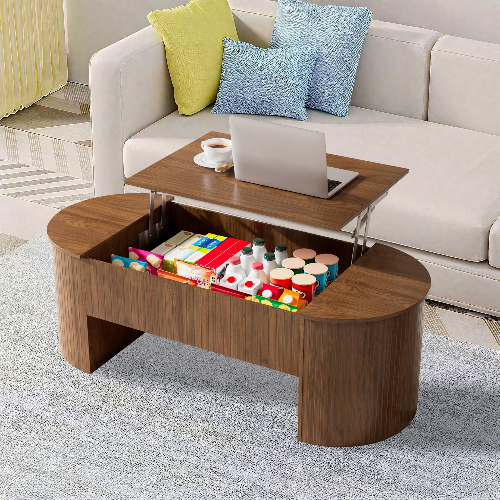Lift Top Coffee Table with Storage, Oval Center Table with Hidden Compartment, Modern Coffee Table for Living Room, Walnut