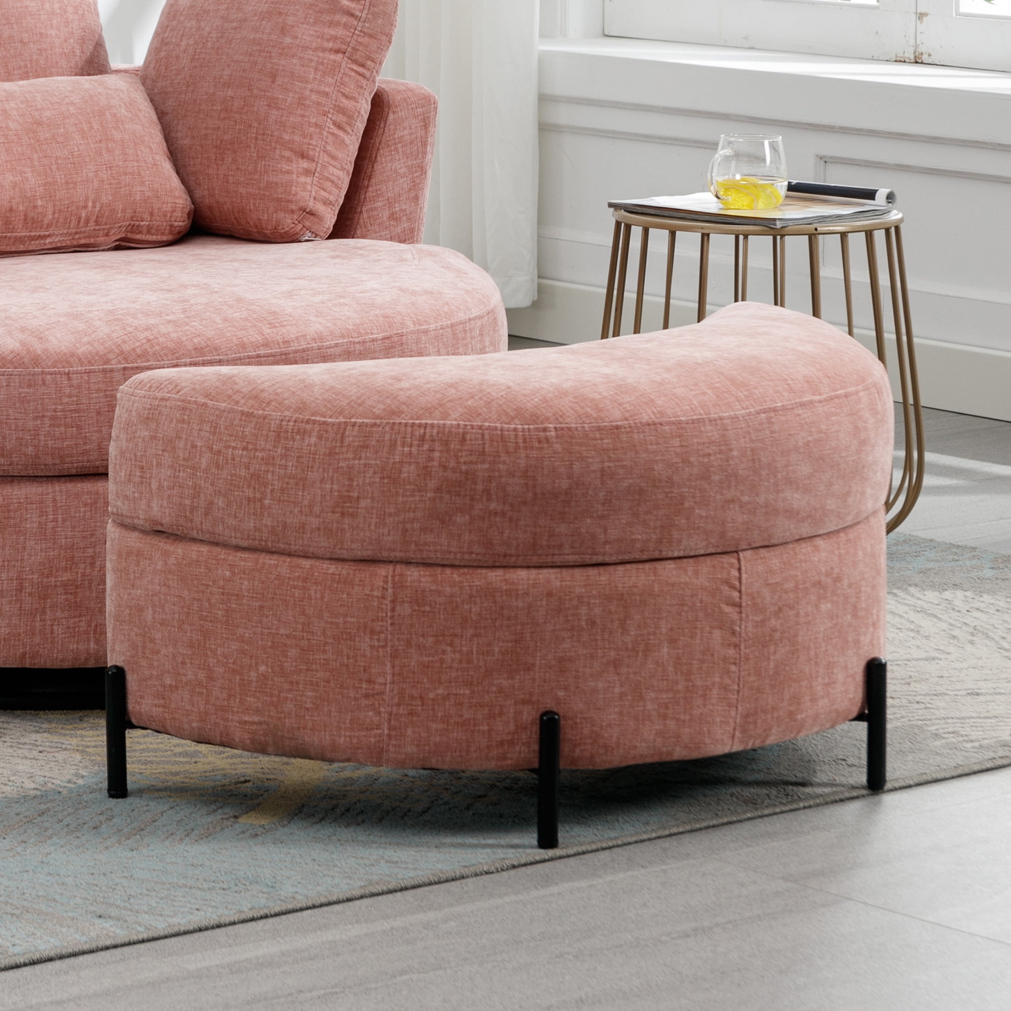 Aukfa 33" Storage Ottoman, Convertible Bench, Side Table for Living Room, Half Moon Shape, Pink