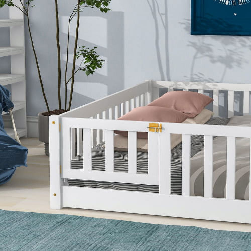 Queen Floor Bed for Kids, Sturdy Wood Montessori Bed Frame with Wood Slats, Fence & Door, Montessori Floor Bed for Girls and Boys, White (with Bed Slats)
