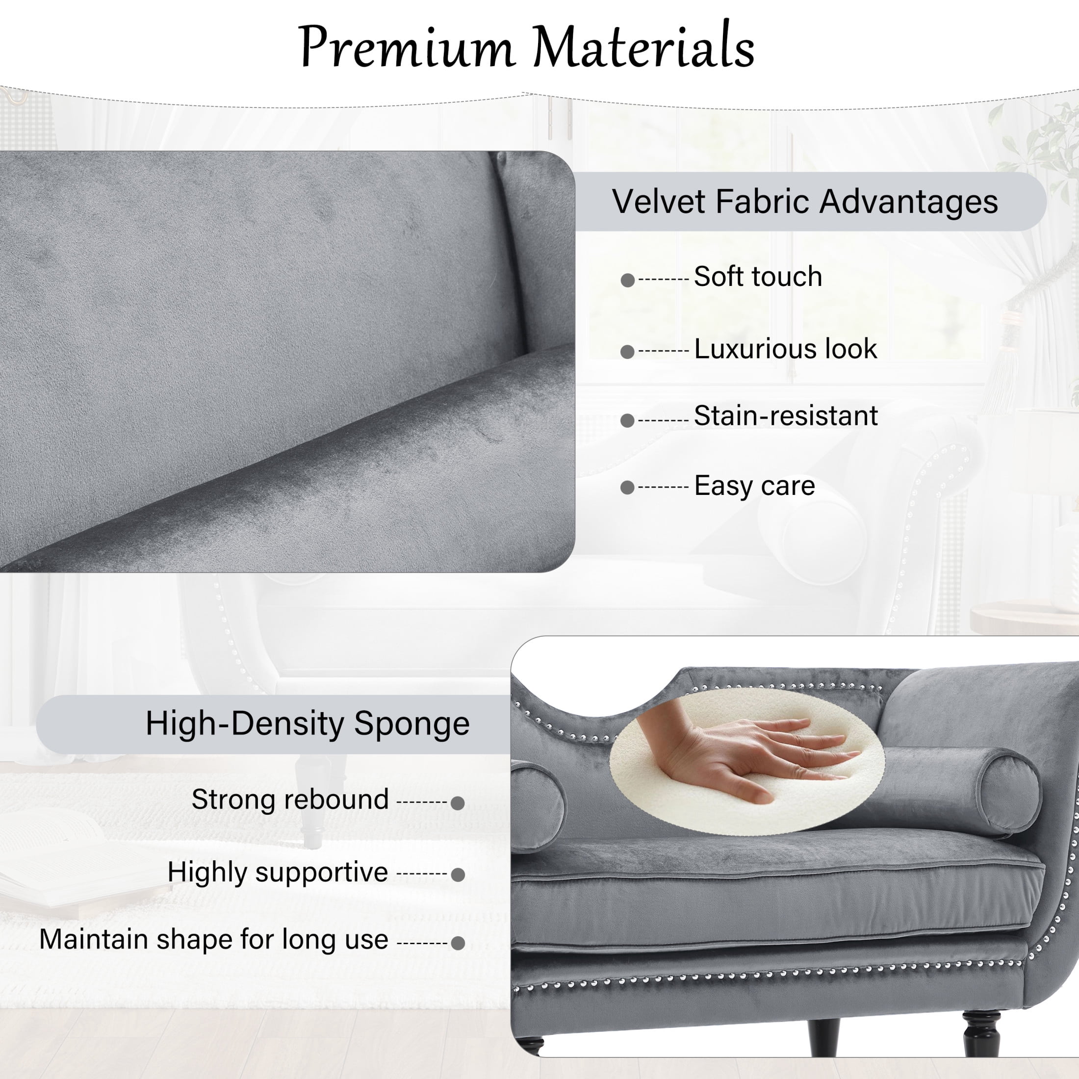 Christopher Knight Home 53" Luxury Velvet Upholstered Bench with Nailhead Trim and Curved Arms, 2 Pillows, Gray