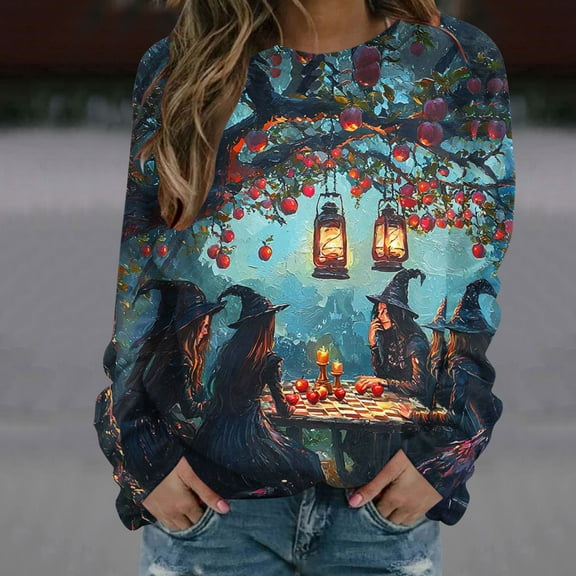 VKOYWKM Halloween Sweatshirts Women Witch Graphic Sweatshirt Party Tops Fall Long Sleeve Crewneck Sweatshirts Vintage Halloween Sweatshirt