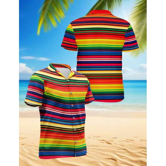 Mexican Serape Blanket Pattern Hawaiian Shirt for Men, Button Down Summer Beach Short Sleeve, Retro Vintage, Sizes S-5XL
