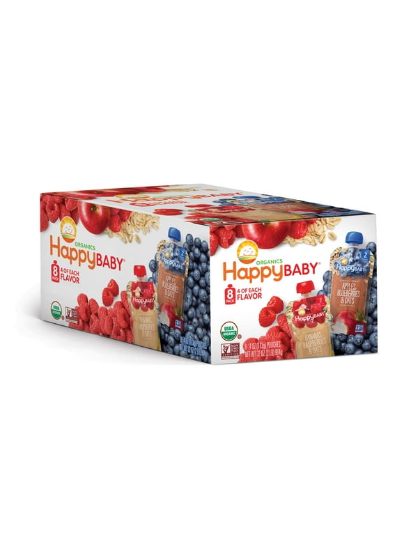 Happy Baby Organics Clearly Crafted, Stage 2, Oats & Fruits Variety Pack, Organic Baby Food, Pouches 4oz (8 pack)