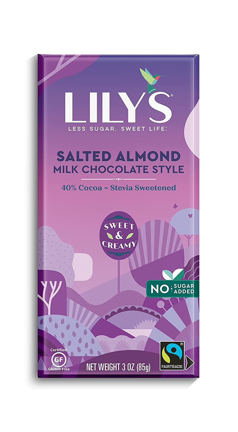 Salted Almond Milk Chocolate Style Bar by Lily's | Made with Stevia, No Added Sugar, Low-Carb, Keto-Friendly | 40% Cocoa | Fair Trade, Gluten-Free & Non-GMO Ingredients |3 ounce