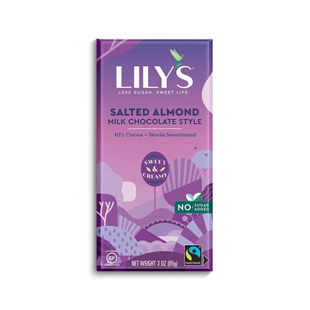 Salted Almond Milk Chocolate Style Bar by Lily's | Made with Stevia, No Added Sugar, Low-Carb, Keto-Friendly | 40% Cocoa | Fair Trade, Gluten-Free & Non-GMO Ingredients |3 ounce