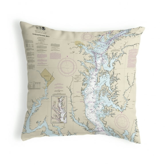 Betsy Drake Interiors Chesapeake Bay - Rock Hall, MD and VA Nautical Map Noncorded Indoor/Outdoor Pillow 12x12