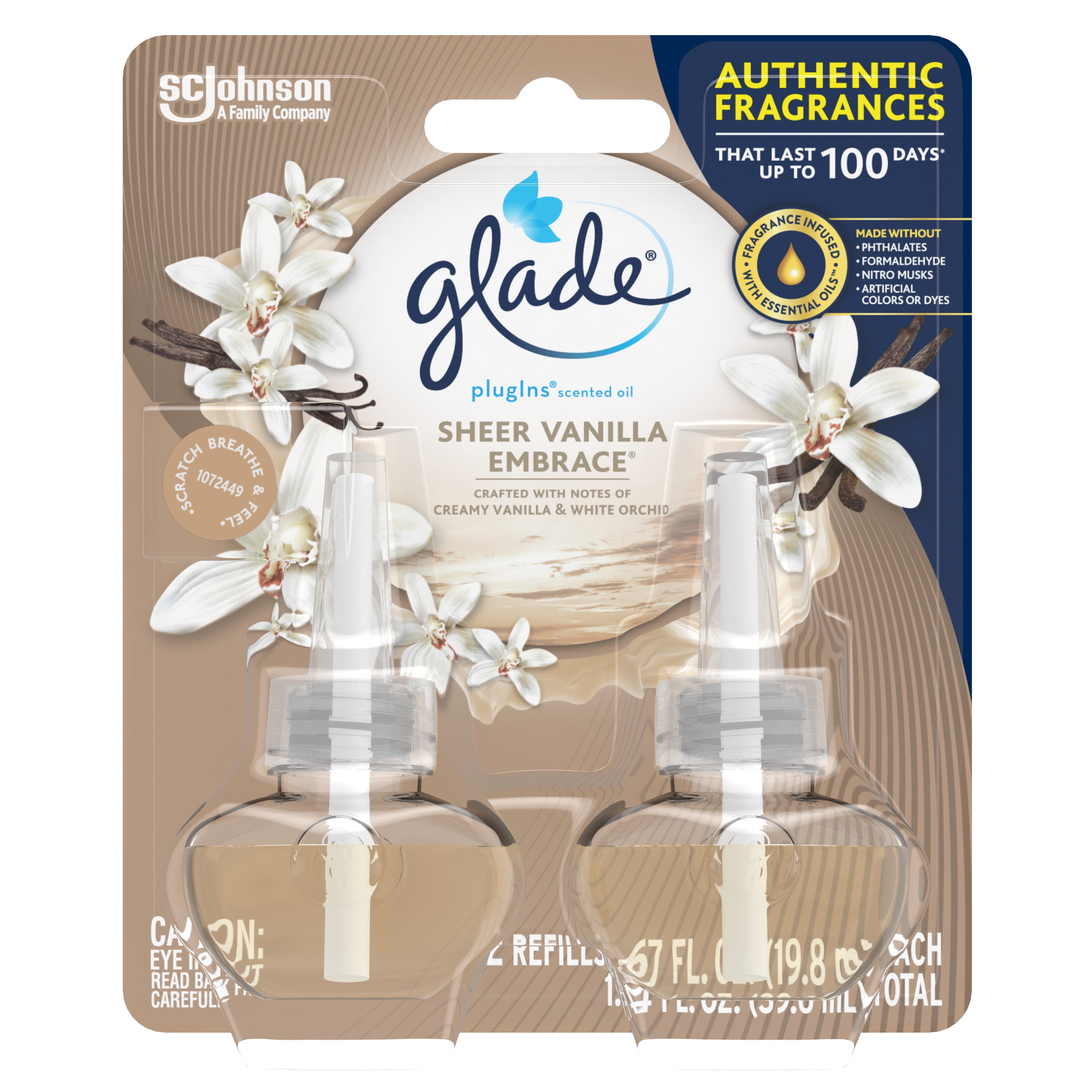 Glade PlugIns Refill 2 CT, Sheer Vanilla Embrace, 1.34 FL. OZ. Total