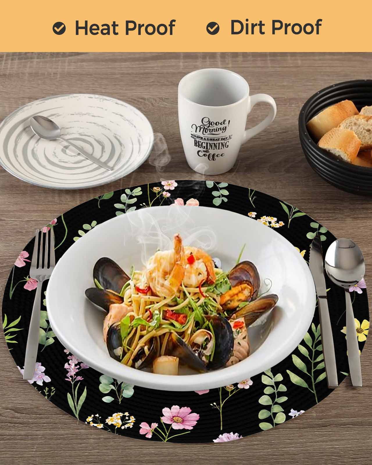 13 Inch Round Placemats Set of 4, Pink Spring Floral Non Slip Heat Insulation PP Table Mats, Flowers Botanical Elegant Pastoral Black Washable Place Mats for Kitchen Dining Party Table Decor
