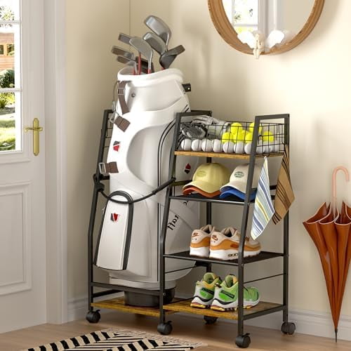 Golf Bag Garage Storage Rack with Wheels, Organizer for Single Golf Bag and Equipment Accessories, Ideal for Home, Garage, Club, Shed, Basement - Sturdy Wood and Metal Construction (Black)