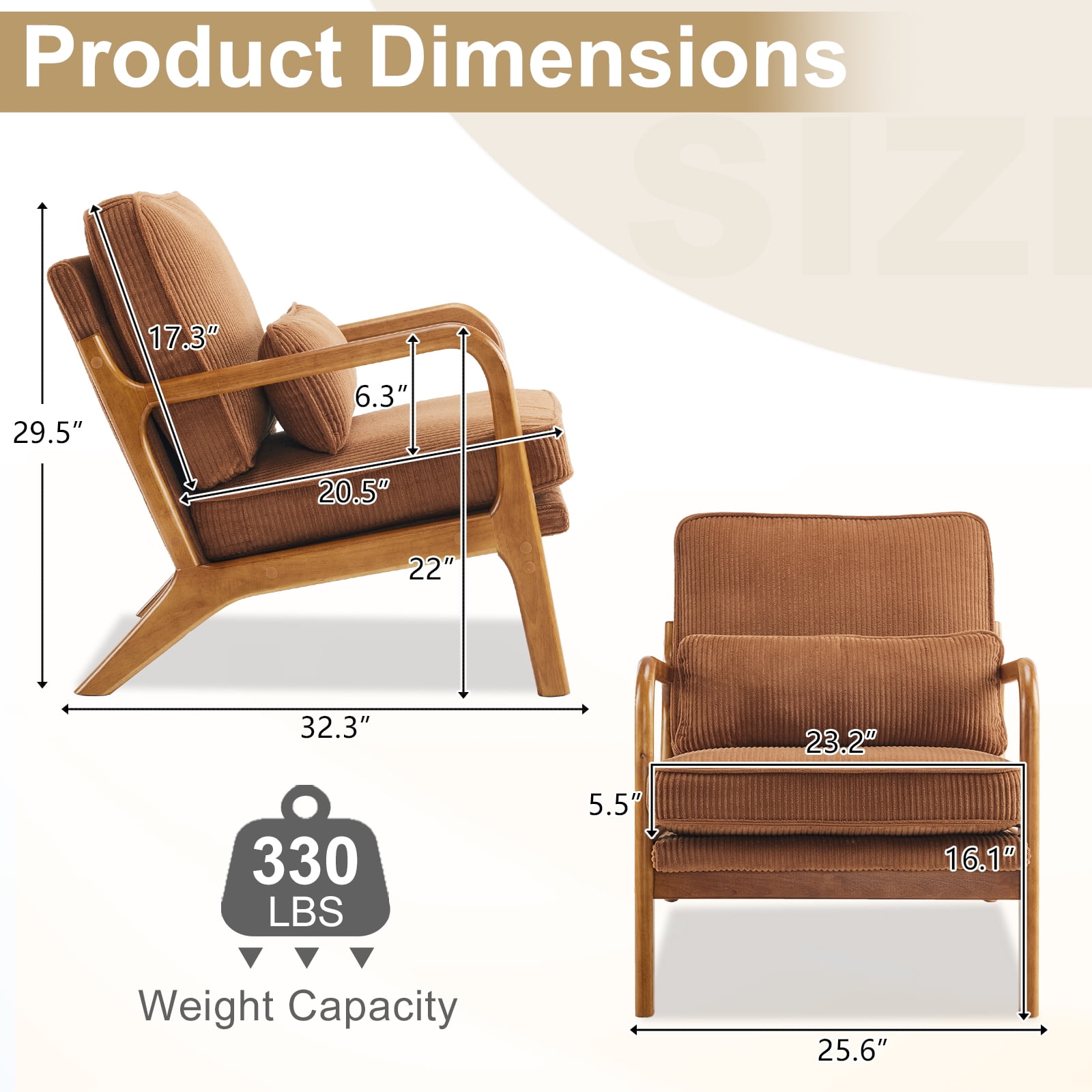 Ktaxon Accent Chair Corduroy Upholstered Armchair, Reading Club Chair with Pillow and Solid Wood Frame for Living Room Bedroom Furniture Brown