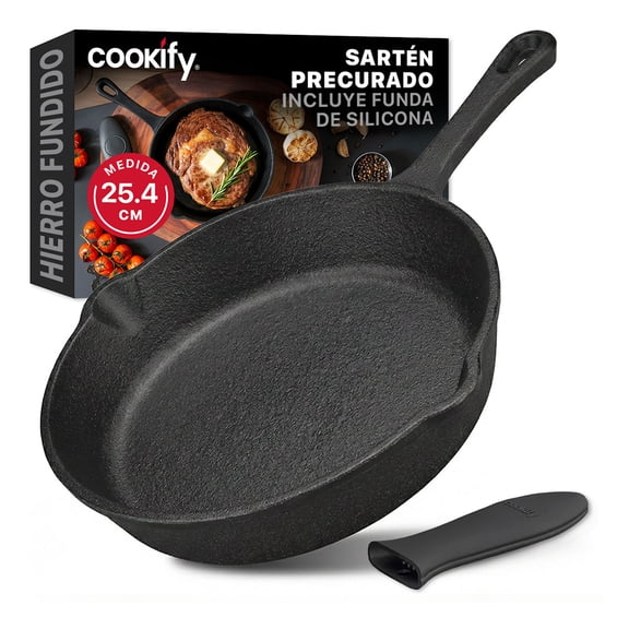 Sartén de Hierro Fundido con Funda de silicón, Distribución Uniforme de Calor Cookify (Negro, 25.4cm)