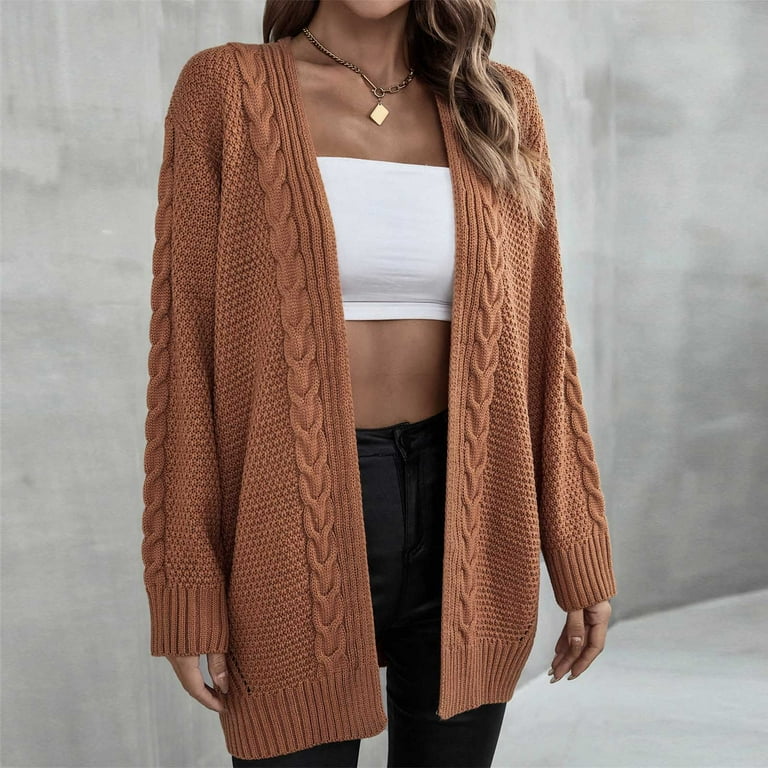 XFLWAM Women's Long Sleeve Cable Knit Sweater Open Front Cardigan