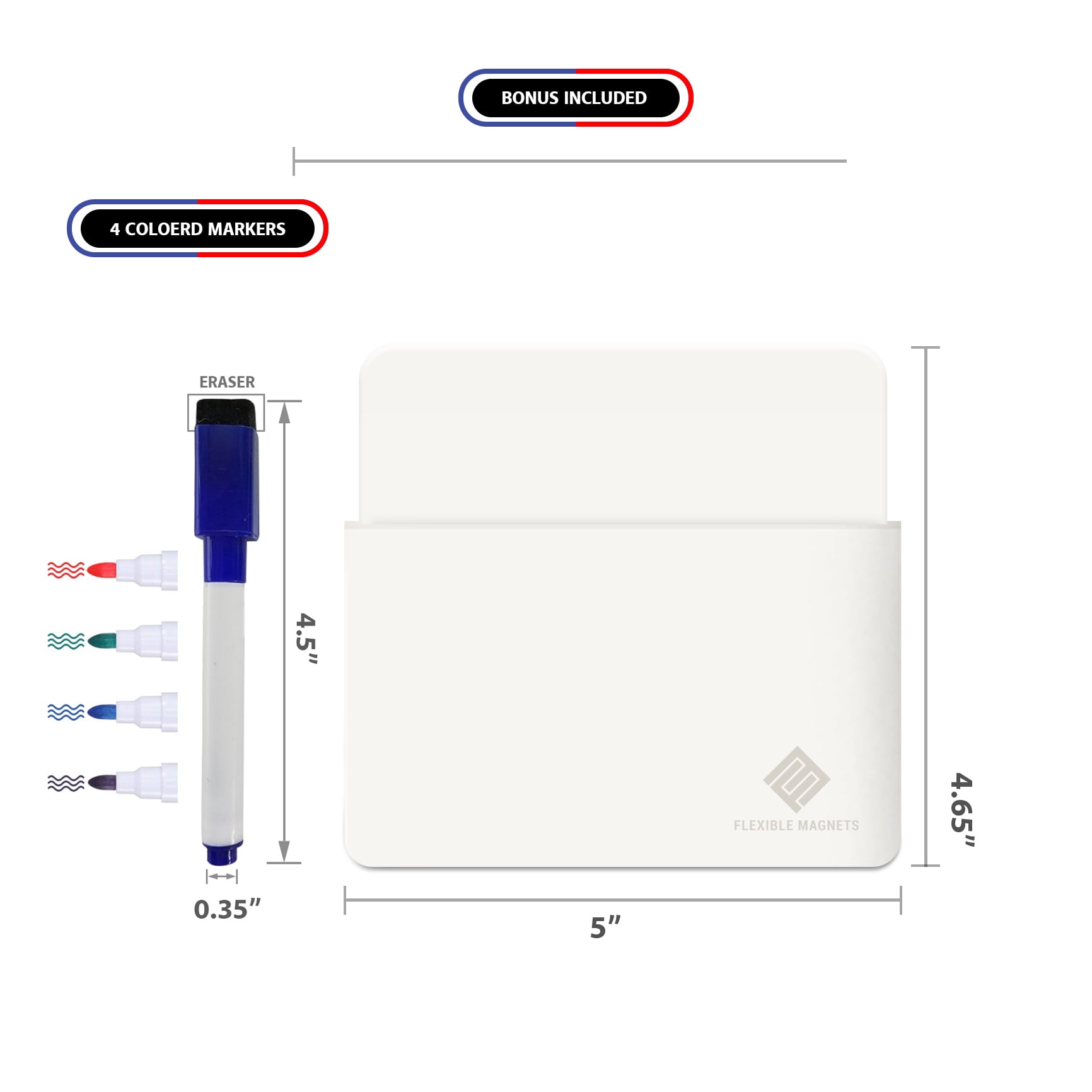 Magnetic Marker Holder, Strong Durable Plastic With Magnetic Back. Includes 4 Colored Markers With Eraser On Cover. (White)