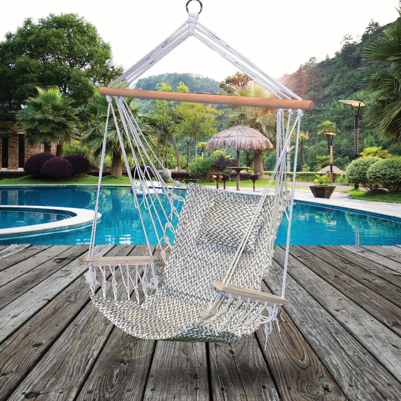 Backyard Expressions Hanging Hammock Chair - Grey Herringbone Pattern - Polyester/Cotton Fabric