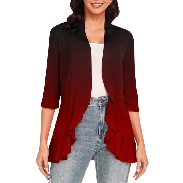 yoeyez Cardigans pour Femmes Cardigan Léger Uni Tendance pour Femmes Manches 3/4 Ouvert Couvre-Maillot Ajouré Boléros Doux Chandail Bourgogne,P