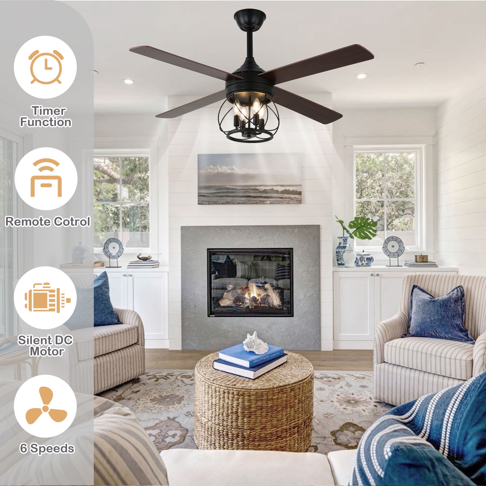 Cusp Barn 52 inch Rustic Farmhouse Caged Ceiling Fan with Remote Control, 6 Speeds Modern Black Ceiling Fan with Lights