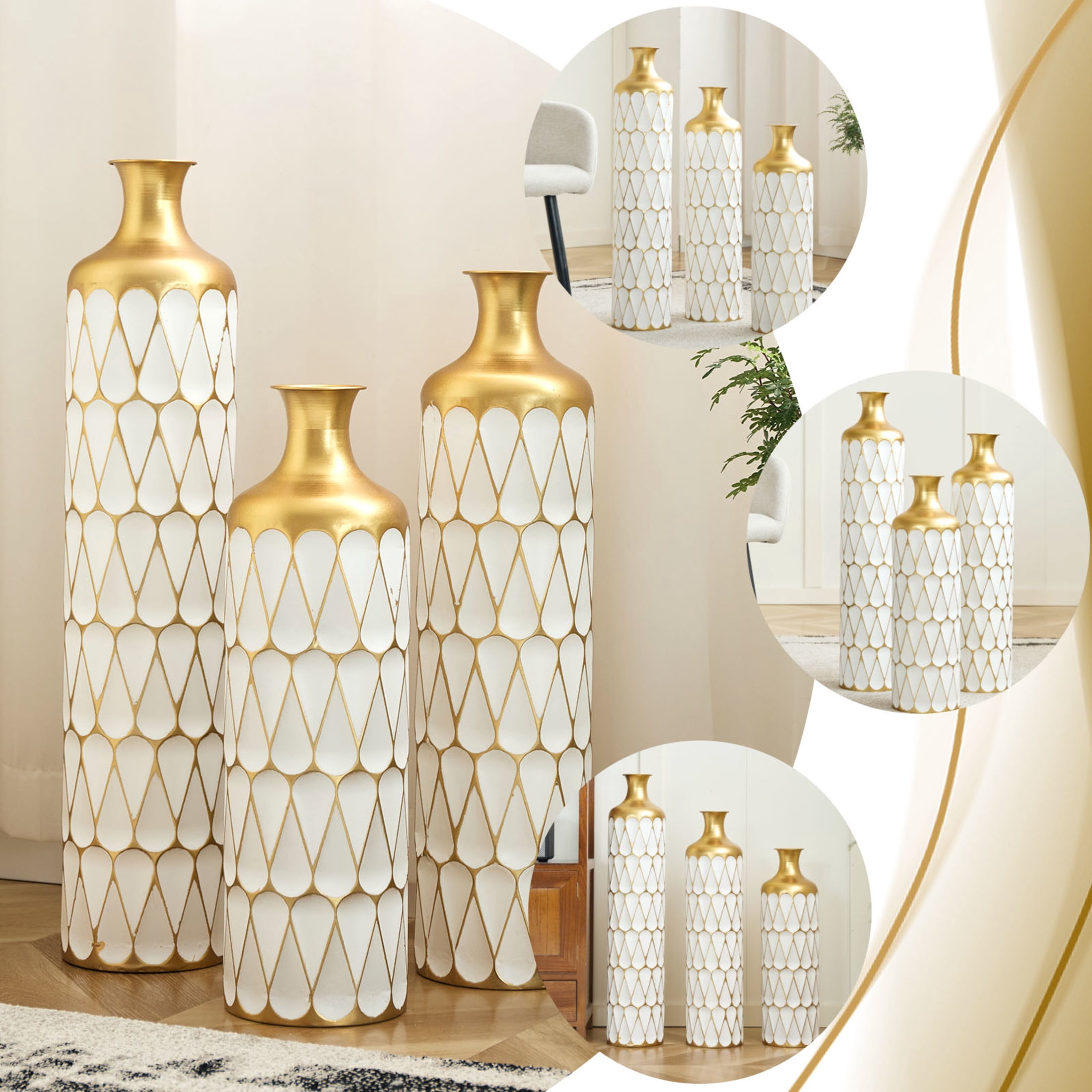 Noble House 22.83", 27.17", 31.5" Metal Floor Vase Set of 3, Geometric Textured Vases, Gold+White