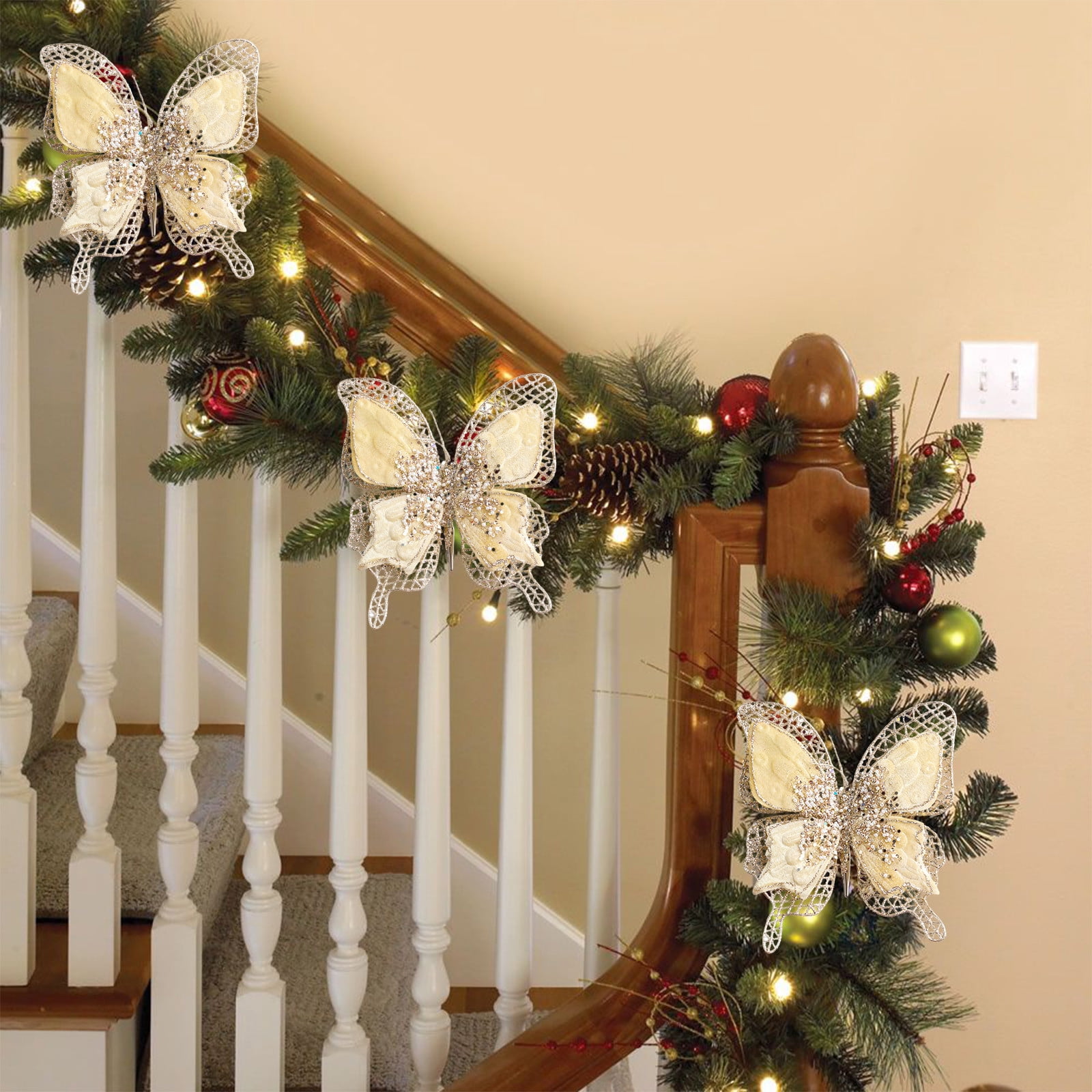 12 Ornements Papillons Avec Clip - Décoration DIY Pour Noël, Fêtes, Sapin, Cheveux - Effet 3D, Tissu Et Métal