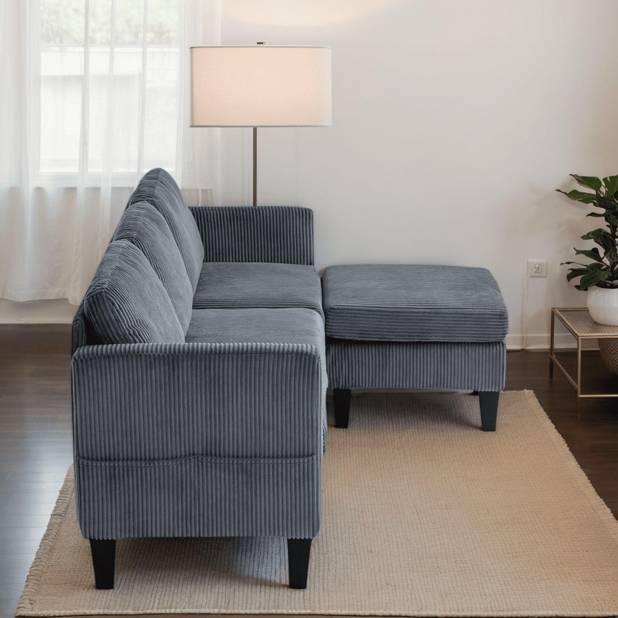 Leumius Convertible Sectional Sofa Couch,Modern Corduroy L-Shaped Couch with Storage Ottoman,Small Sofa for Small Living Room, Apartment and Small Space,Gray