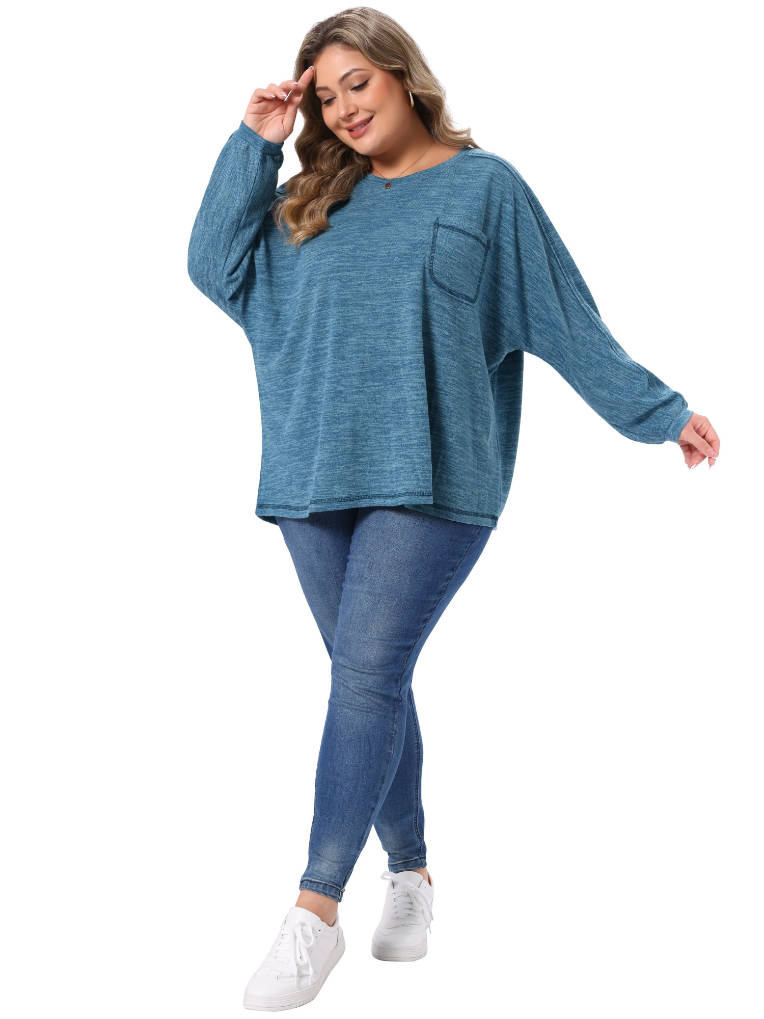 DARING DIVA Women's Plus Long Sleeve Crewneck Pullover Casual Blouses 2X Gray Blue