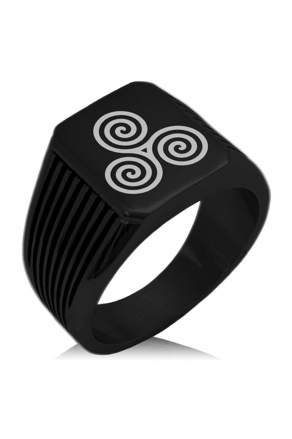 Stainless Steel Celtic Triskele Triskelion Triple Spiral Needle Stripe Pattern Biker Style Polished Ring