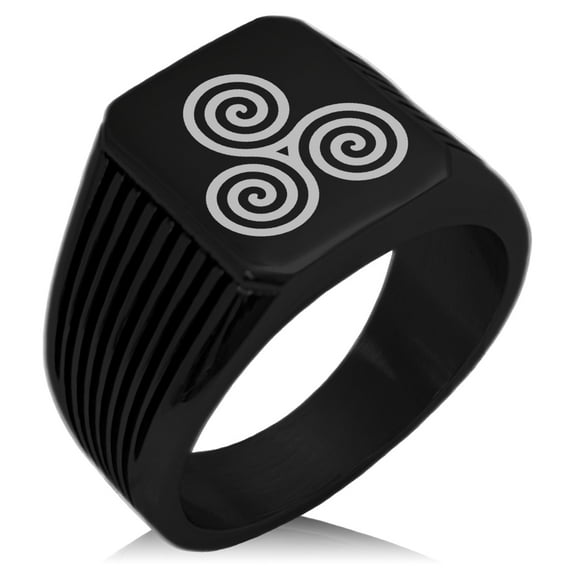 Stainless Steel Celtic Triskele Triskelion Triple Spiral Needle Stripe Pattern Biker Style Polished Ring
