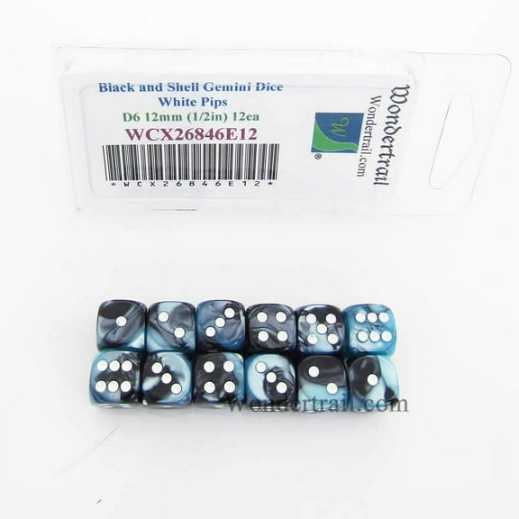 Black and Shell Gemini Dice with White Pips D6 12mm (1/2in) Pack of 12 Wondertrail
