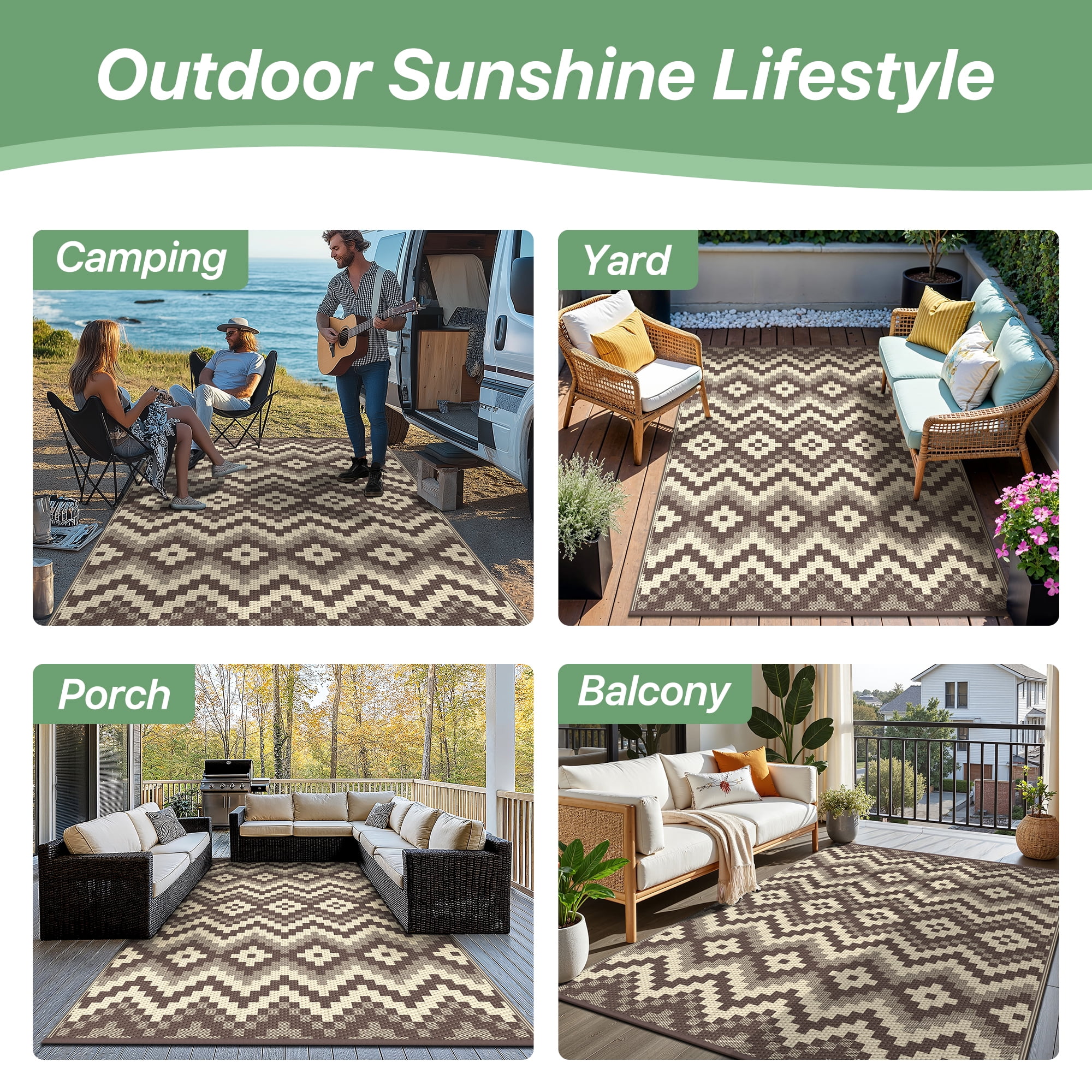 KUETH 6' x 9' Outdoor Rug Waterproof Camping Patio Rug Boho Geometric Reversible Outdoor Plastic Carpet for RV Blcony Picnic Porch,COFFEE&BEIGE