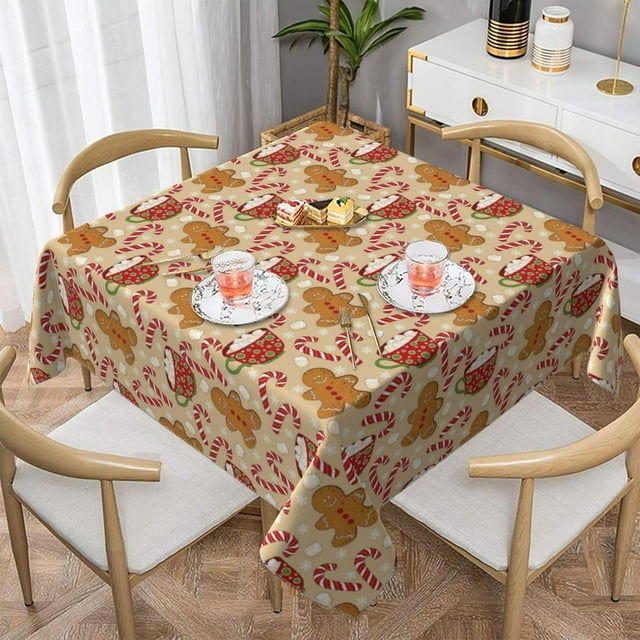 Christmas Square Tablecloth 54x54 Inch Gingerbread Man Candy Cane Snowflake Table Cloth Xmas Winter Holiday Table Covers Polyester Indoor Outdoor Tablecloths for Kitchen Dining Party
