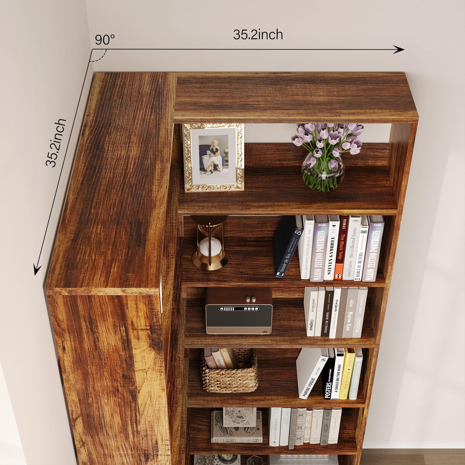 DreamCurship Corner Bookshelf L-Shaped Industrial 6 Tier with LED Light 71 Inch Tall Rustic Brown