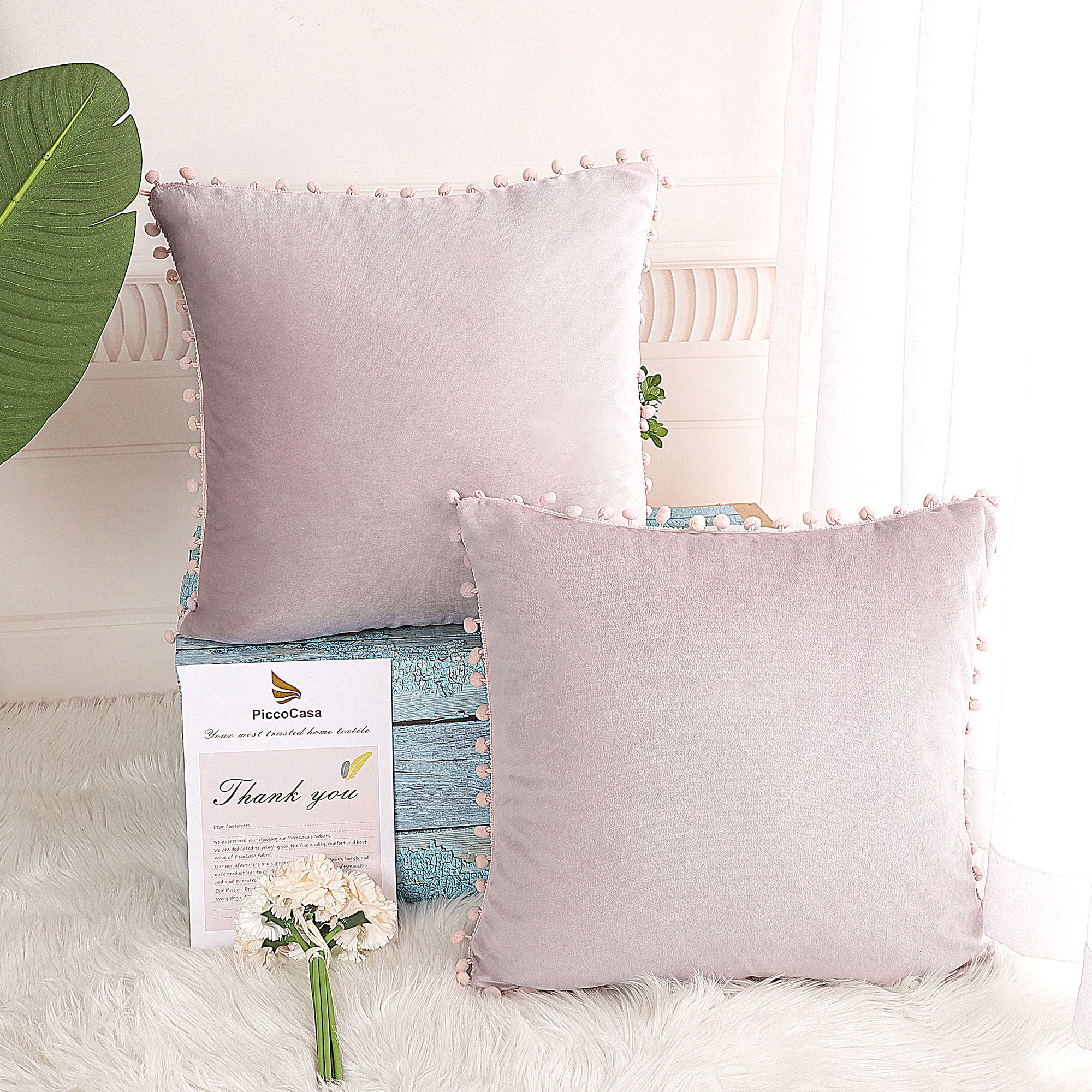 Unique Bargains Velvet Pillow Cover with Pompoms for Sofa 2PCS Pale Pink 16x16Inch