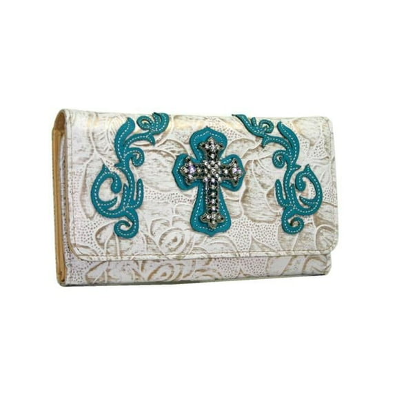 Ritz WC99-WT-TQ Western Rhinestone Bling Cross Trifold Wallet - White & Turquoise Trim