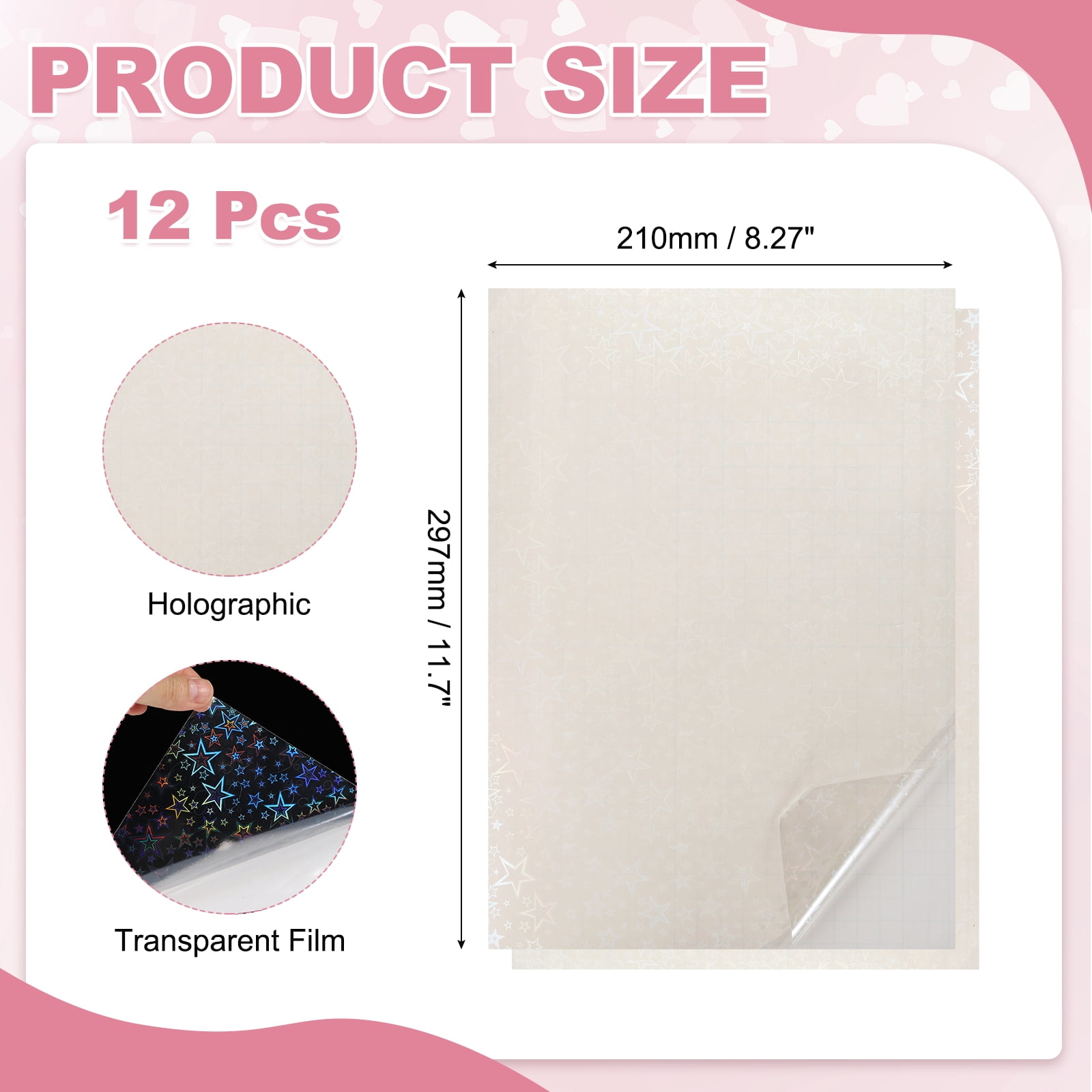 Uxcell 12 Sheets Holographic Sticker Paper, 8.3" x 11.7" Holographic Self-Adhesive A4 Transparent Waterproof Laminate Overlay Film for Photo Cards Scrapbook Decorations(Five-point Star)