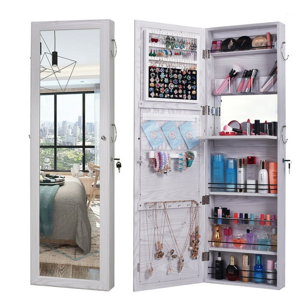 Zimtown Lockable Wall Mount Mirrored Jewelry Armoire Organizer