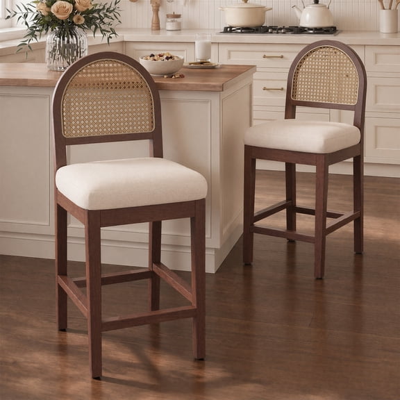 Hawsaiy Farmhouse Rattan Counter Height Bar Stools Set of 2, Chenille Upholstered Kitchen Island Chairs with Solid Wood Frame, Walnut