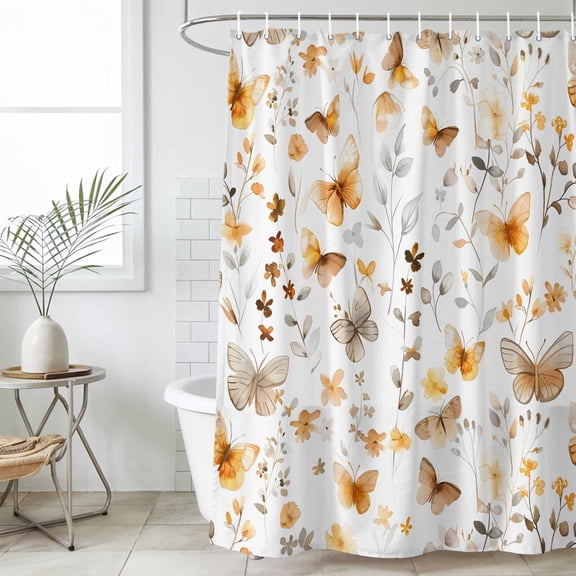 Orange Floral Spring Waterproof Fabric Shower Curtain,Butterfly Botanical Summer Waterproof Fabric Shower Curtain for Bathroom Curtains Bathtubs Hotel Shower Curtains with 12 Hooks Standard 66x72