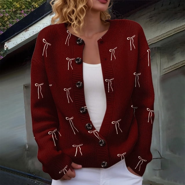 Plus Size Women's Christmas Santa & Tree Embroidered Cardigan Long Sleeve Round Neck Button Down Knit Sweater For Holiday Season
